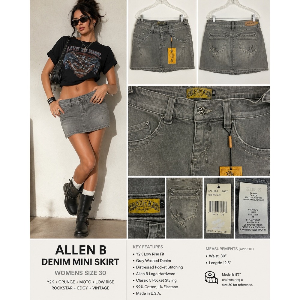 Allen B Gray Denim Mini‎ Skirt Y2K Grunge Moto Rockstar Low Rise 30 Newi USA